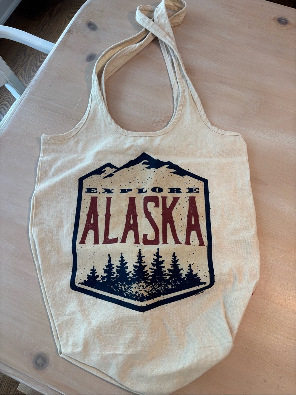 Explore Alaska Canvas Tote Bag - Cream with Red & Navy Print